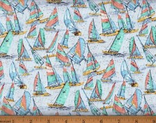 Sailboats Fabric 100 Cotton By The Yard 60" Wide Sea Green Blue Coral FA72
