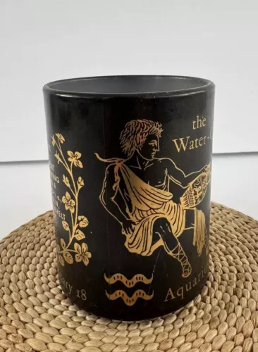 Vintage Federal Glass Zodiac Aquarius Black Gold Coffee Mug 1970s