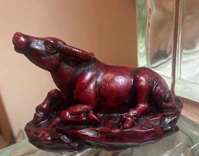 2.  Carved Red Asian Lucky Zodiac Water Buffalo/Ox Figure  Original