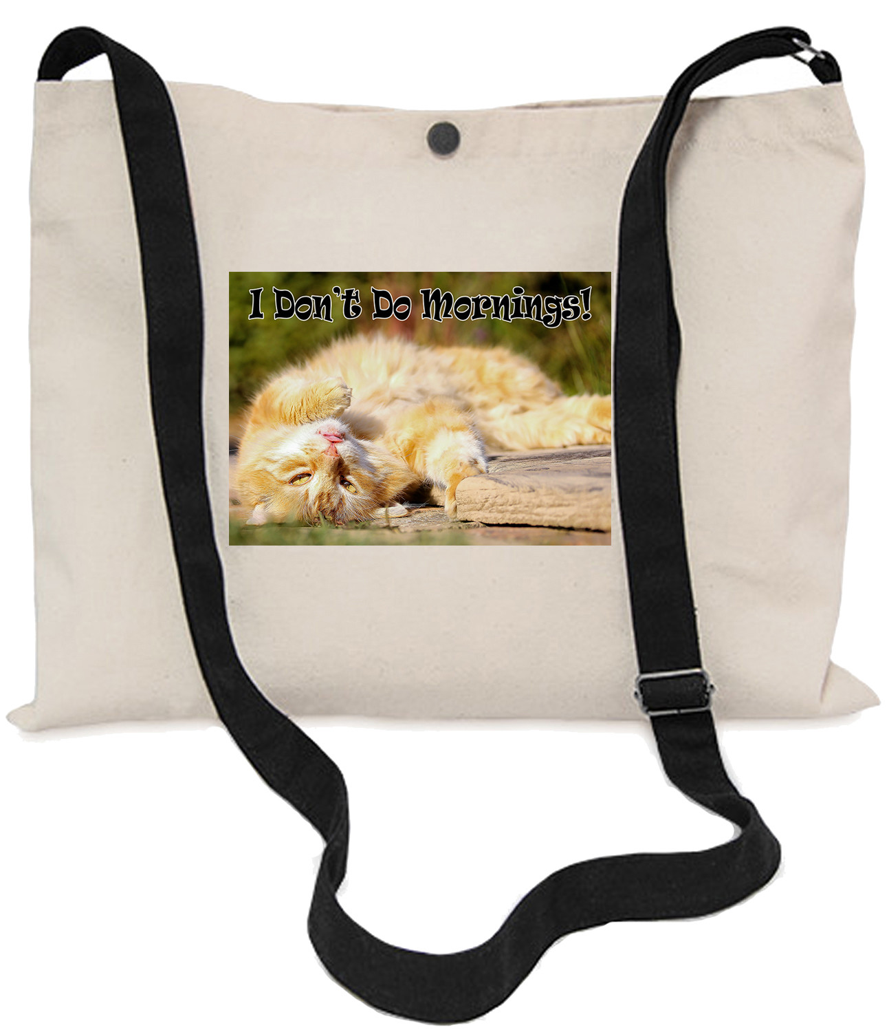Bolso Musette Don't Do Mornings Jengibre Gato Lona 40x30 cm, Correa Ajustable Larga.
