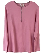 Quacker Factory Rhinestone Henley Shirt Pink Sz L Long Sleeve Pull On Women YV15