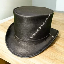Handmade Gothic Festival Wear Men Black Leather Steampunk Top Hat White Stitch