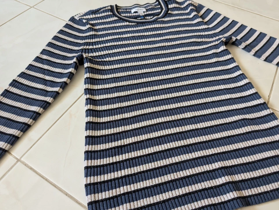 Top Nine West Acanalado Rayas Metálicas Manga Larga - Azul, Blanco y Negro - Talla M Foto 2 de 4