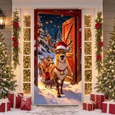 Reindeer Sleigh Christmas Door Cover Banner Holiday Party Home Decor