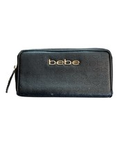 Bebe Sherine Black Gold Zip Around Wallet Y2K McBling Baddie Vintage Logo