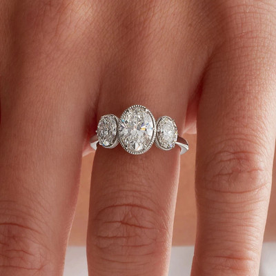 4 Ct Oval Cut Lab Created  3 Stone Bezel Set Ring 14k White Gold Plated