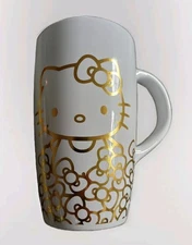 Hello Kitty 16oz Tall Travel Mug + Lid White Ceramic Mug Metallic Gold Graphics