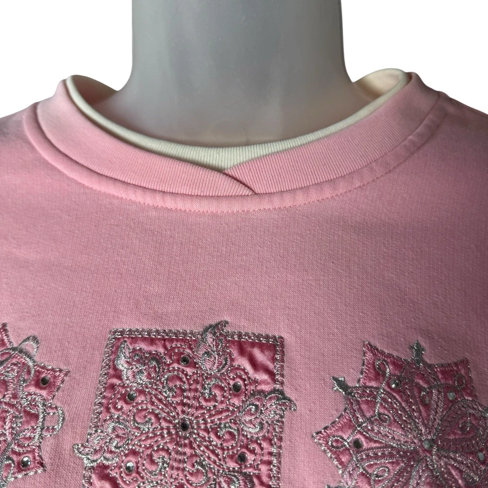 Sudadera De Colección Rosa Copo de Nieve Bordada Mediana Navidad Vacaciones Pullover Foto 3 de 4