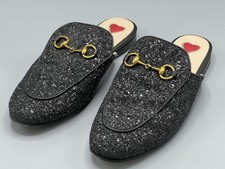 GUCCI PRINCETOWN Black GLITTER Sz 38 7.5 Mules Red Heart 42513 O5D Brass
