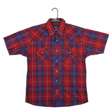 Wrangler Shirt Men's Size XL Red Blue Plaid Western Pearl Snap Short Sleeve