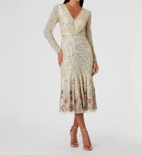 Mac Duggal Faux Wrap Long Sleeve Tea Length Sequin Dress Size 6