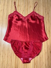 Vtg String Bikini PANTIES Liquid SATIN Second Skin RED Lace Glossy Cami Set Med