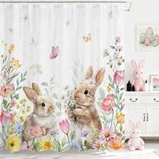 Spring Easter Shower Curtain Funny Cute Bunny Floral Bath Curtain Waterproof Spr