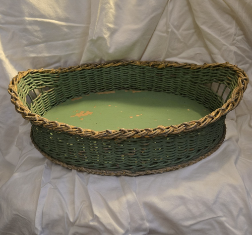 Antique Vtg. French Country painted Wicker Tray Basket 16" - Picture 2 of 12