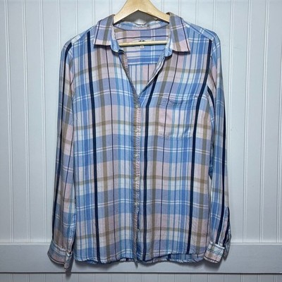 Hampton Republic 27 Shirt Academia Plaid Button Up Blue Pink Long Sleeve Blouse