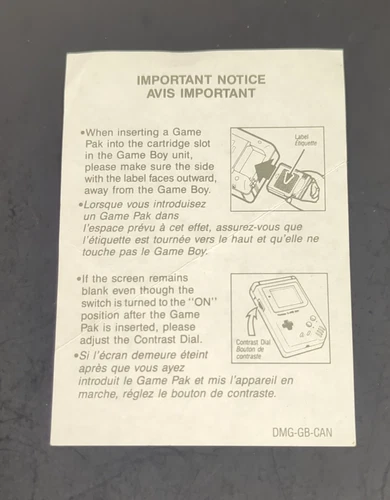 Nintendo GAME BOY IMPORTANT NOTICE Insert Vintage DMG-GB-CAN Vintage Gameboy
