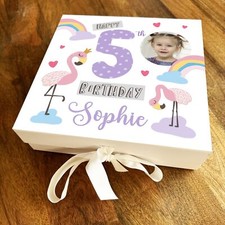 Flamingo Rainbow Photo Child Any Age Square Personalised Birthday Gift Box