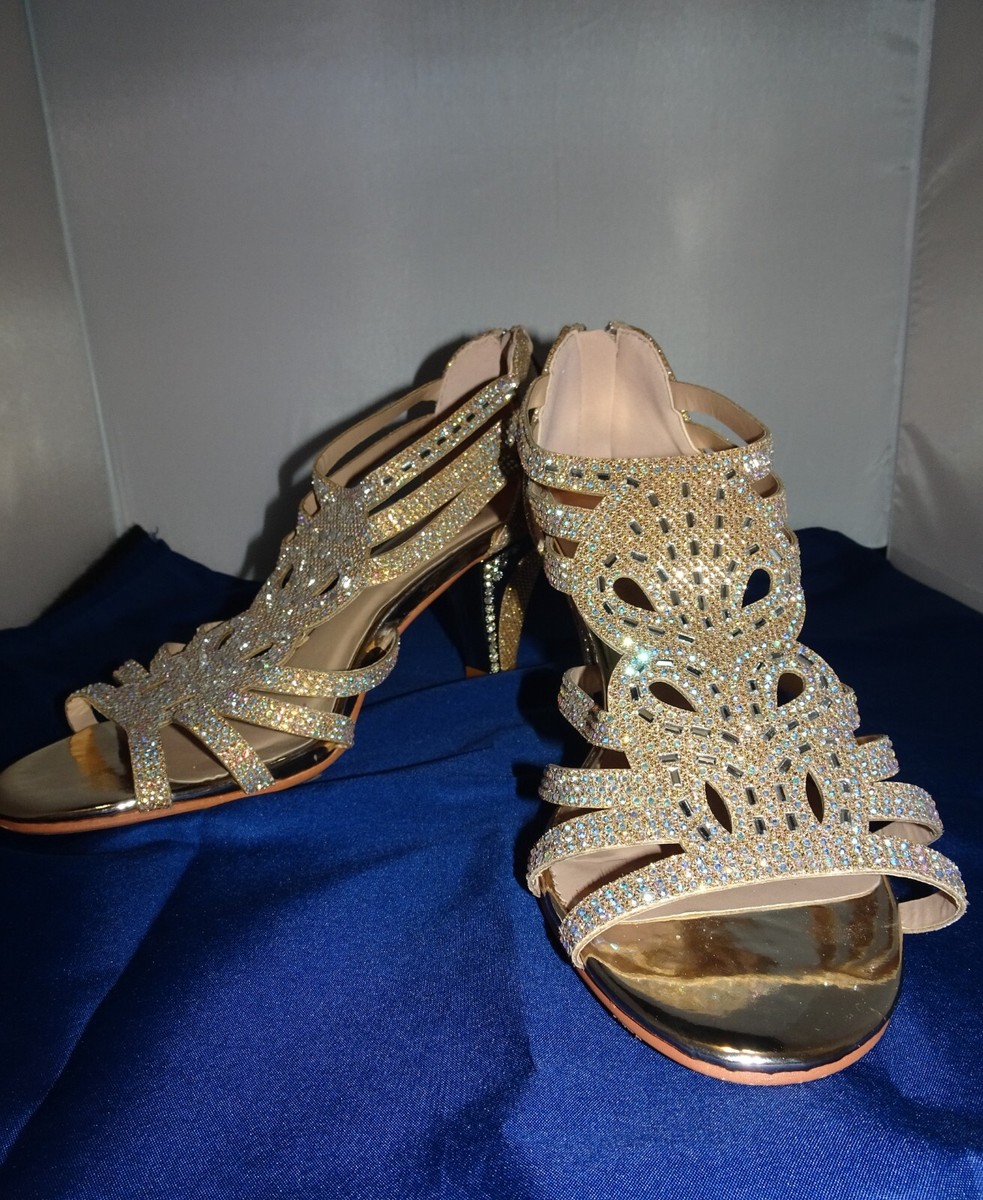 Forever Champagne Open Toe Strappy Rhinestone High Heel Wedding Shoes Size  1/2