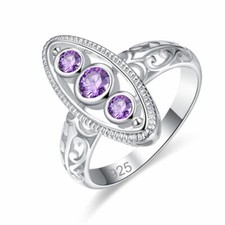 Elegant 925 Sterling Silver Purple Amethyst Charm Wedding Engagement Ring Size 9