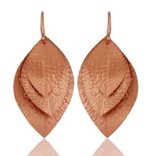 18K Rose Gold Plated Sterling Silver Hammered Leaves Triple Drop Earrings