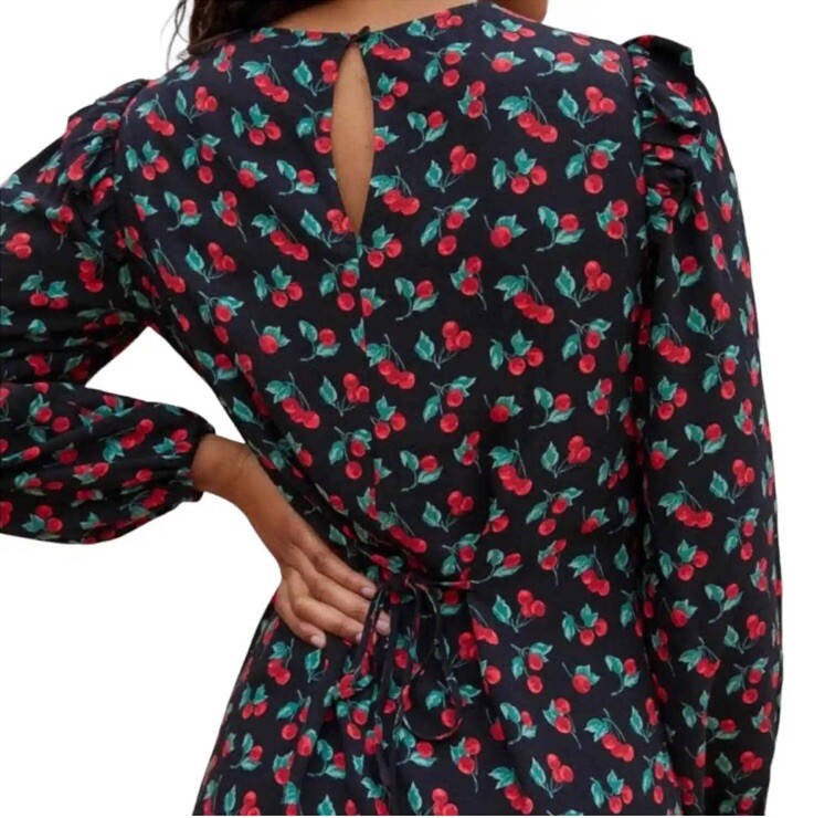 REFORMATION Cherry Print Bedford Short Mini Dress Black Red