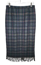 Vintage Requirements Womens Blue Green Plaid Wool Blend A-Line Fringed Skirt 12P