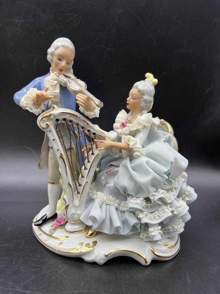 Antique DRESDEN Porcelain Lace Figurine Couple Playing Musical