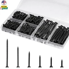 188PCS Wood Screws Drywall Screws Assortment Kit 6 Sizes Black Screws Assortment