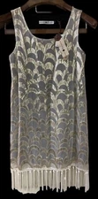 NWT Rancho Estancia Silk White Gold Metallic Sleeveless Fringed Flapper Dress S