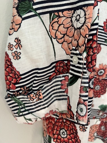 Charter Club Shirt 100% Linen M Blouse Stripe Floral Coral Medium Top Womens - Picture 3 of 5