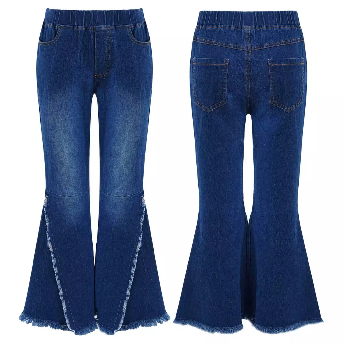 Girls Ripped Jeans Bell Bottom Flare Pants Elastic Waist Denim Casual Trousers
