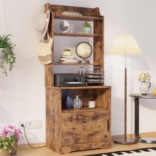 Nightstand with Charging Station, 55" Tall End Side Table with Storage Cabinet