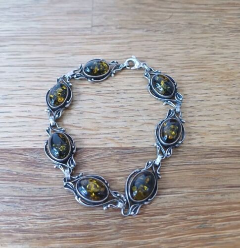 Vintage Baltic Sterling Silver Genuine Amber Bracelet 7 inches - Picture 2 of 10