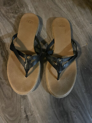 UGG Black Leather Strappy Thong Soft Sandals Sz