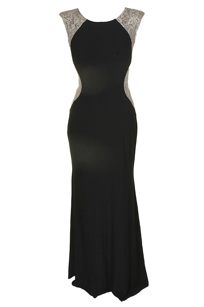 Xscape Negro Purpurina Dorada sin Mangas Lace-Trim a-Line Vestido