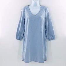 J Crew Cotton Poplin Striped Dress Blue White Shift V Neck Midi Long Sleeve Sz S