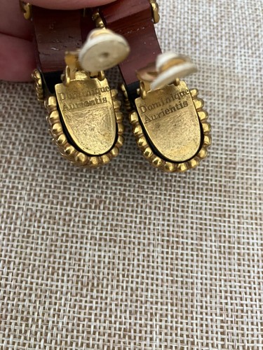 VINTAGE 1980'S DOMINIQUE AURIENTIS GOLD TONE Wooden HALF HOOP EARRINGS - Picture 3 of 7
