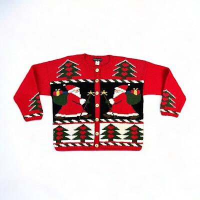 Vintage Mark Shale 100% Wool Red Santa Christmas Sweater Women M/L Holiday Retro