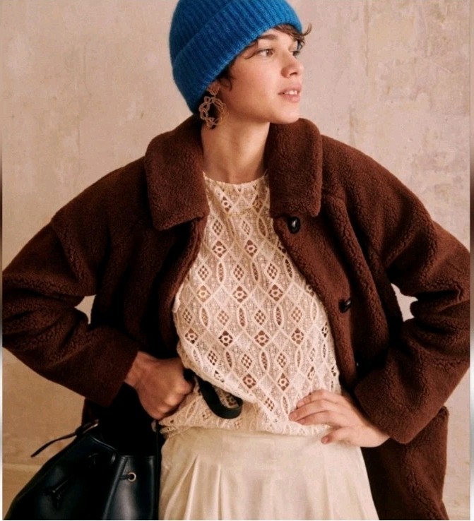 Sezane Isae Brown Faux Fur Coat with Button Closure and Lapel