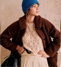 Sezane Isae Brown Faux Fur Coat with Button Closure and Lapel Collar Sz 6/ Fr 38