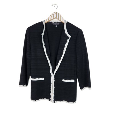 MING WANG Blazer Womens Small Black White Stripe Textured Jacket Faux Pocket