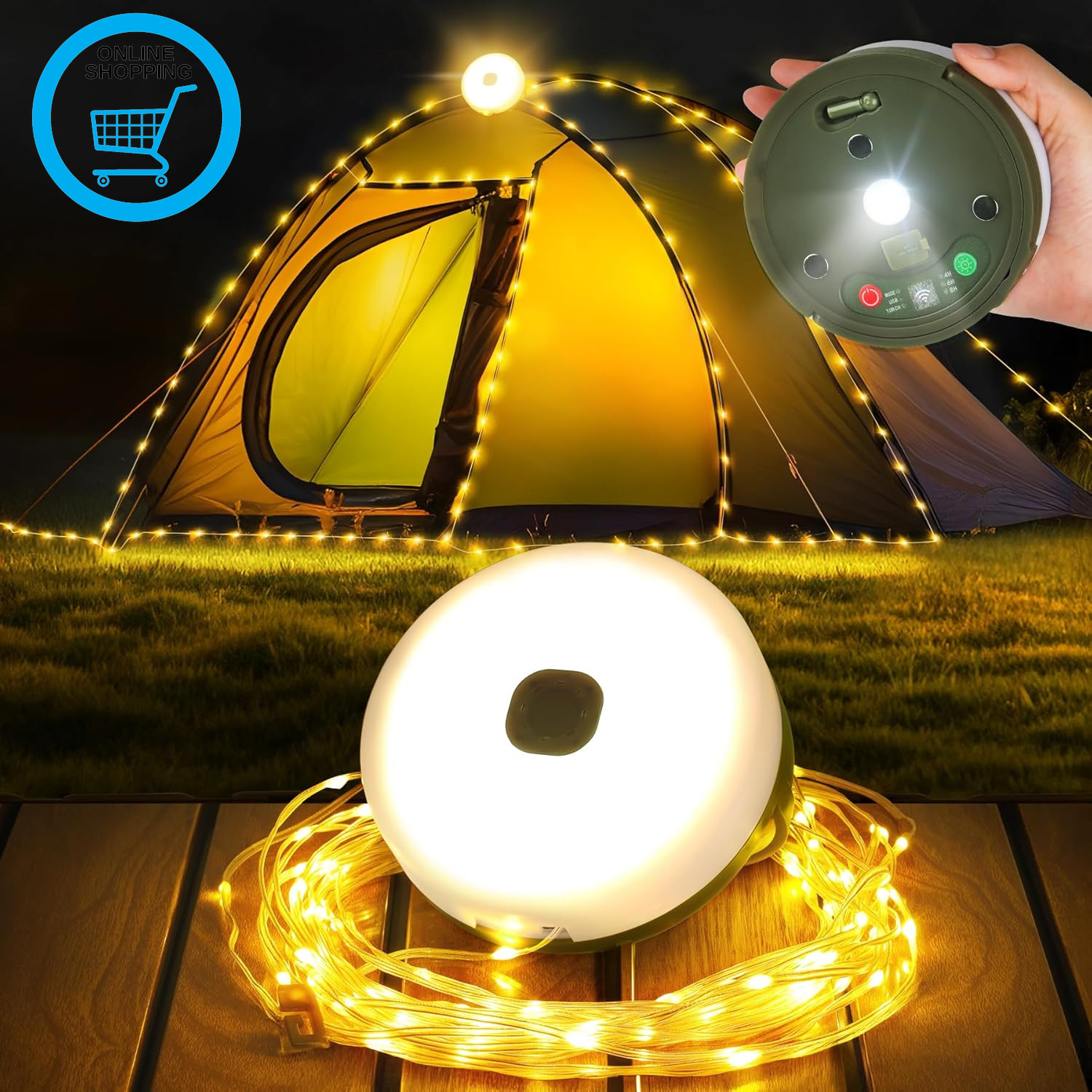 Camping String Lights, 32.8Ft USB Rechargeable Camping Fairy Lights with 9 Light