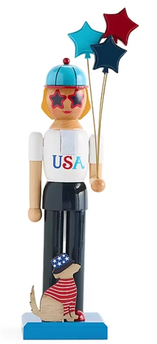 Wooden Nutcracker,14", PATRIOTIC,JULY 4, FEMALE & DOG, USA FLAG BALLOONS 744a,NP