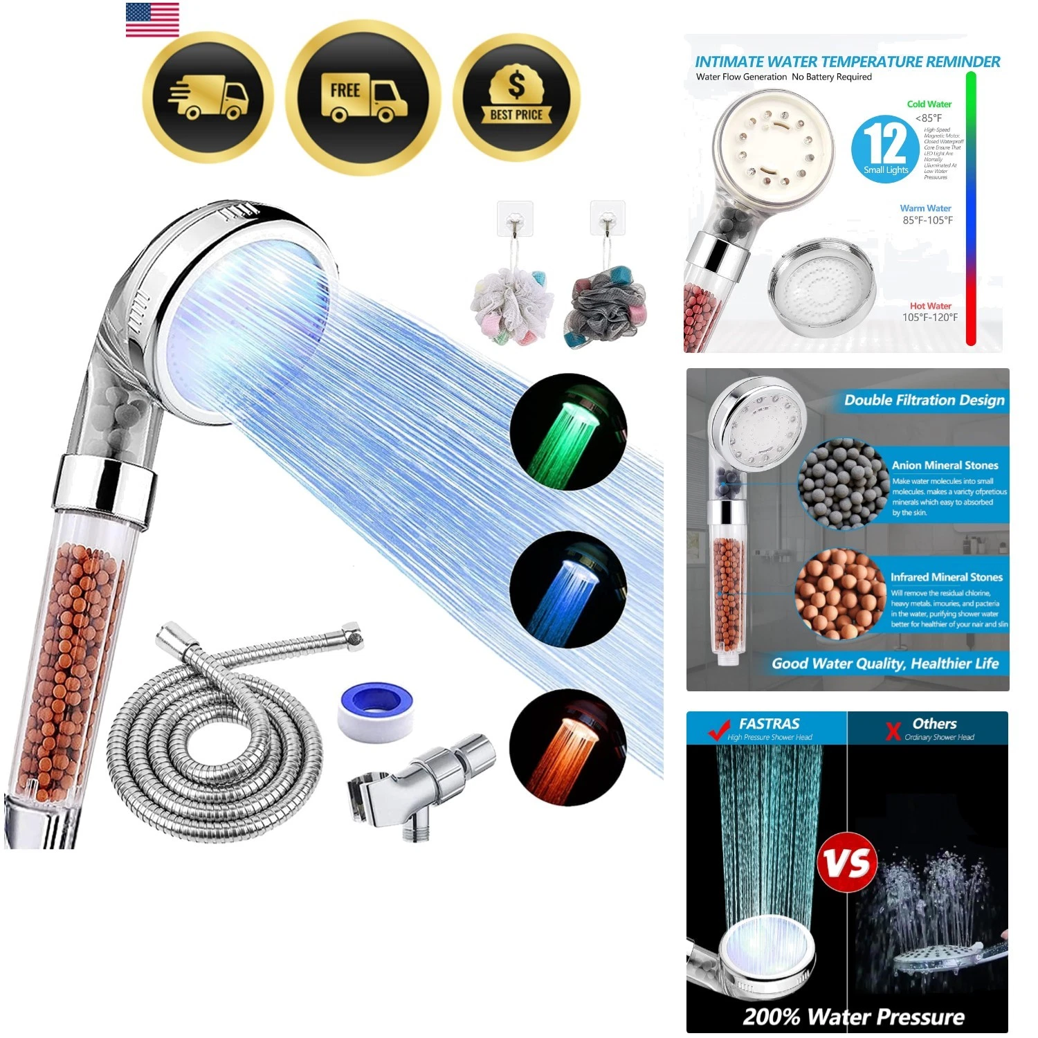 LED Shower Head with Handheld High Pressure Water Saving Filtered Shower Head