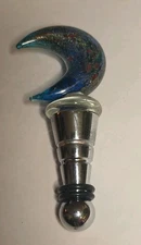 Blown Glass Wine Stopper Crescent Moon Blue Red Gold Sparks 