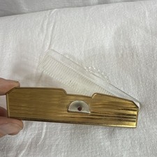 Vintage Travel Clear Plastic Hair Comb with Gold Tone Case Holder