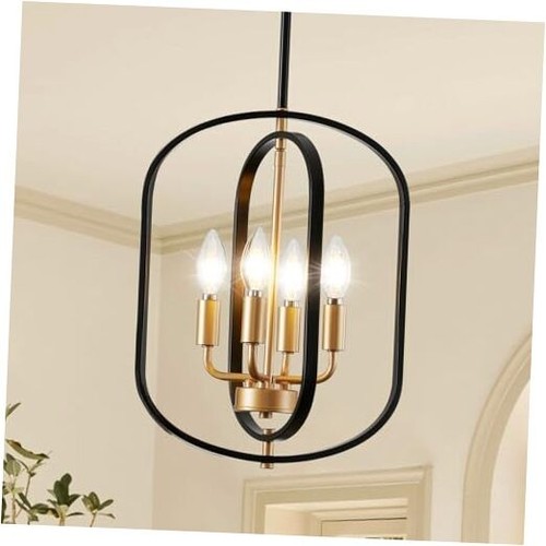 Black and Gold Chandelier for Dining Room, 4 Light Farmhouse Entryway Light