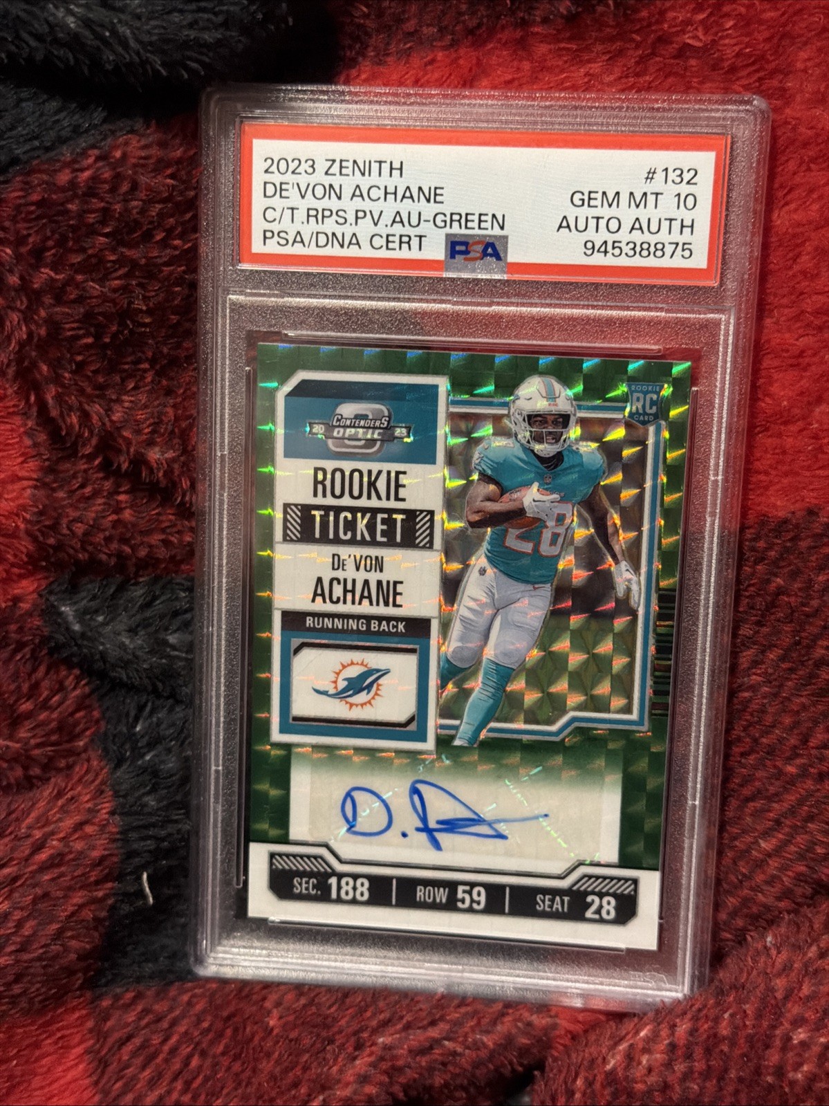 De'Von Achane Panini Zenith Contenders Optic Rookie Ticket Rps Preview Autographs #132 Green