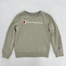 Champion Kids Size 7 Pullover Sweatshirt Beige Spellout Embroidered Crew Neck