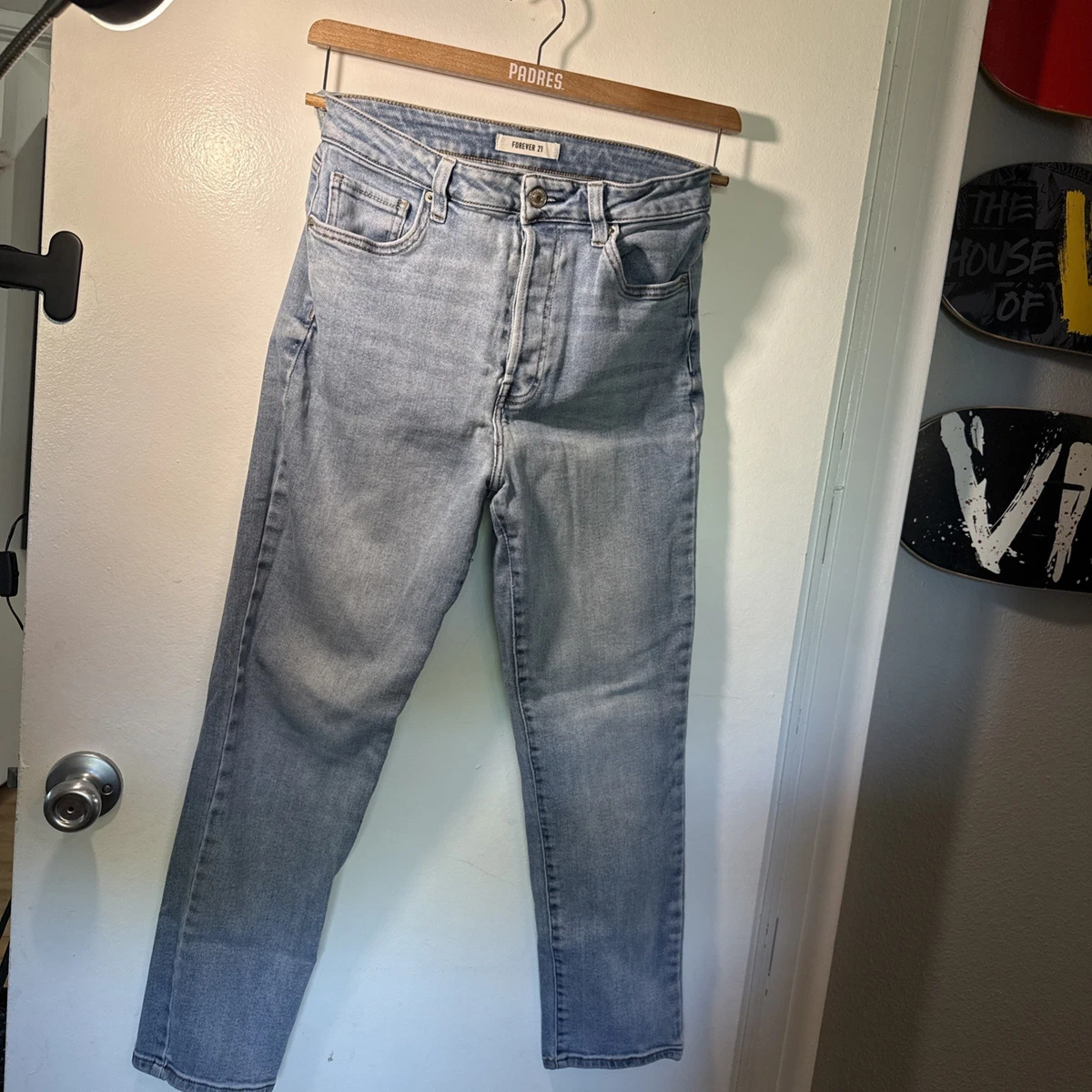 Pantalones de mezclilla para mujer Forever 21 azul lavado claro tiro alto pierna recta, talla 29